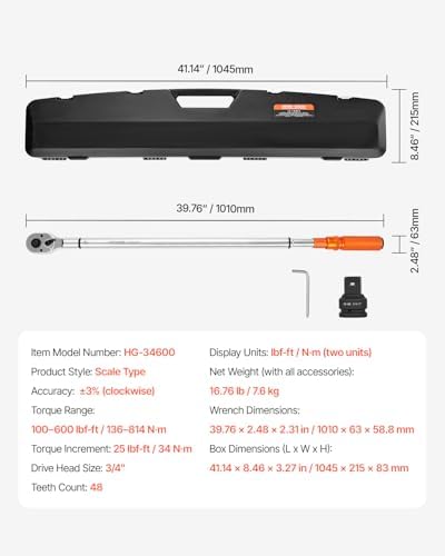 VEVOR 3/4 Inch Drive Click Torque Wrench 100-600 Ft-Lb / 136-814Nm - Image 7
