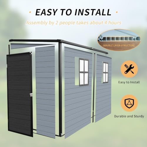4x8ft Outdoor Resin Shed Floor 2 Windows Lockable 14mm Polypropylene, Gray - Image 6