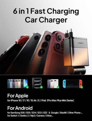 LISEN 138W Retractable USB C Car Charger Fast Charge 6-Port for iPhone 18