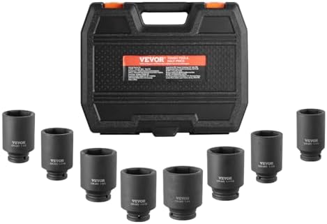 VEVOR Axle Nut Impact Socket Set - 1/2" Drive Deep 6-Point 8-Piece SAE Spindle Nut Socket CR-MO Heat Treated Large Socket Set with Storage Case for Auto Repair, Removing or Installing Axle Nuts by VEVOR