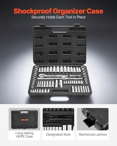 VEVOR Socket Set, 69 Pieces, 3/8 & 1/4 inch Drive Socket and Ratchet Set, SAE and Metric, Deep and Standard, Mechanic Tool Kit with Accessories and Storage Case, CR-V Alloy Steel, for Auto Repair - Image 5