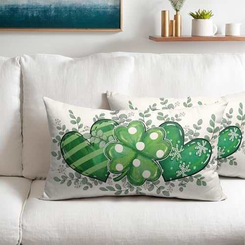 St Patricks Day Pillow Covers 12x20 Set of 2 Shamrock Clover Throw Pillow Covers Rustic Spring Pillowcase Linen Decoration Farmhouse Decorative Green Cushion Case Couch for Indoor Outdoor Home Decor - Image 2