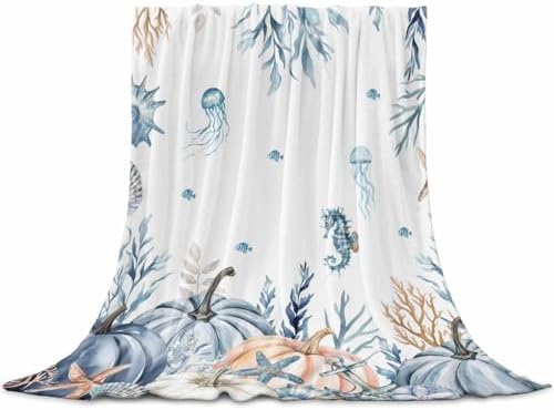 DecorLovee Blue Coastal Fall Blanket 50"x60", Reversible Pumpkins Thanksgiving Throw Blanket for Couch/Bed, Botanical Starfish Lightweight Soft Throw Blankets for Women, Warm Fuzzy Blankets for Winter by DecorLovee