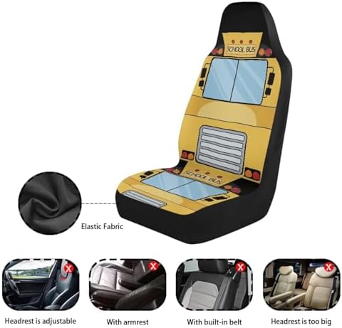 Car Seat Covers Set of 2 Universal Funny School Bus Front Seat Cover Fit for Cars Truck SUV Van, Stretch Polyester Fabric Cover Protection Interior Accessories, Easy to Install