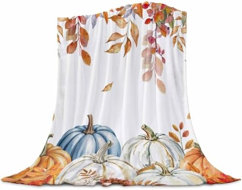 DecorLovee Orange Blue Thanksgiving Fall Blanket 50"x80", Reversible Pumpkins Throw Blanket for Couch/Bed, Autumn Botanical Lightweight Soft Throw Blankets for Adult, Warm Fuzzy Blankets for Winter by DecorLovee