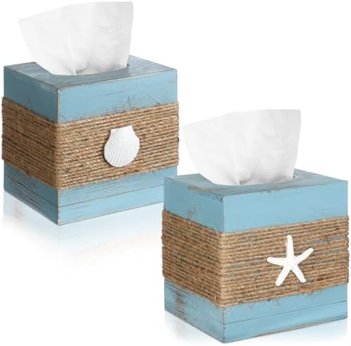Thyle 2 Pcs Coastal Square Tissue Box Cover Blue Starfish Shell Tissue Box Holder Closure Wood Beach Decorations Farmhouse Cube Napkin Holder for Summer Kitchen Car Home Office Living Room Bedroom by Thyle