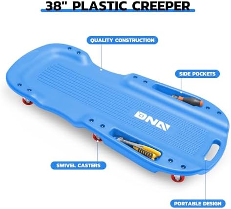 DNA Motoring 38 Inches Low Profile Plastic Rolling Garage Shop Floor Creeper with Side Pockets & 6pcs Casters, Blue, TOOLS-00391 - Image 5