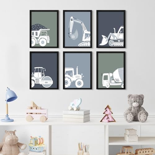 Construction Truck Wall Art Nursery Canvas Wall Decor Boys Room Wall Art Kids Car Posters Toddler Prints Nursery Artwork Excavator Tractor Pictures for Playroom Bedroom 12x16 Inch Wood Framed Set of 6 - Image 6