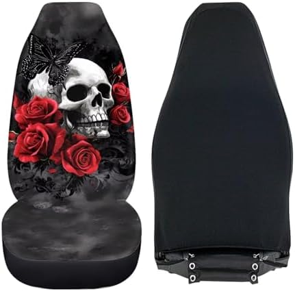Skull Red Rose Car Seat Covers Set of 2 Breathable Front Seat Covers Stretch Polyester Fabric Cover Soft Front Seat Cover Universal Fit for Auto Truck Van SUV
