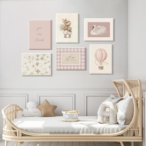 Pink Nursery Wall Art Baby Girl Canvas Wall Decor Vintage Poster Bunny Flower Wall Art Antique Preppy Pictures Animal Floral Prints Kids Swans Painting for Girls Room Bedroom 8x10x6 Inch Framed - Image 5