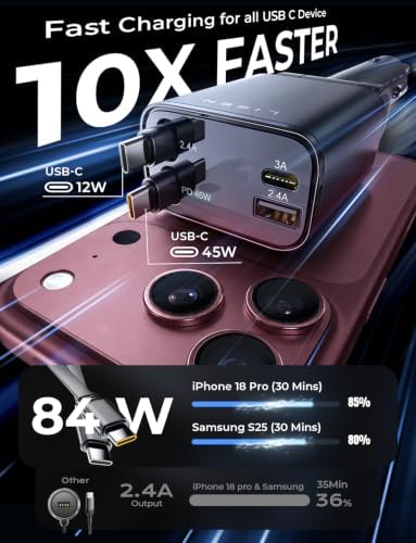LISEN Retractable Car Charger, Dual USB C Retractable Cable Fast Car Adapter [84W Total] Travel Essential Car Accessories for Men Women, for iPhone 17 16 15 Pro Max, Samsung S26 S25 S24, Pixel, iPad
