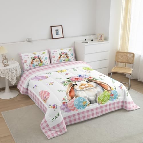 Homewish Happy Easter Comforter Set Full Size Cute Rabbit Animals Bedding Set 3pcs for Kids Girls Women Boys Room Decor Colorful Flowers Egg Quilt Set Pink Geometric Grid Duvet Insert,2 Pillowcases - Image 6