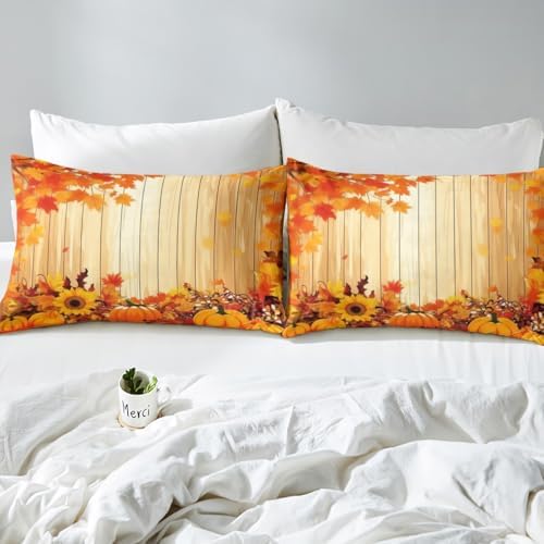 Feelyou Fall Pumpkin Bed Sheets Set Full Size Thanksgiving Harvest Season Fruit Decor Sheet Set for Kids Boys Girls Decor Maple Leaf Sheets with Deep Pocket Fitted Sheet Orange - Image 4