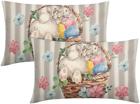 Easter Pillow Covers 12x20 Set of 2 Spring Throw Pillow Covers Rustic Cute Bunny Gray Pillowcase Linen Decoration Farmhouse Soft Decorative Eggs Cushion Case Couch for Indoor Outdoor Home Decor by Unknown