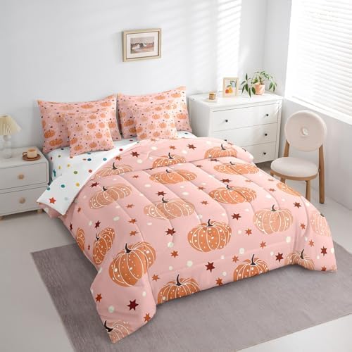 Erosebridal 7 Piece Girls Kawaii Pumpkin Bed in A Bag Queen Fall Autumn Bedding Set Thanksgiving Pumpkins Comforter Set for Kids Adults Room Decor,Cute Boho Stars Sheet Set with Comforter - Image 3
