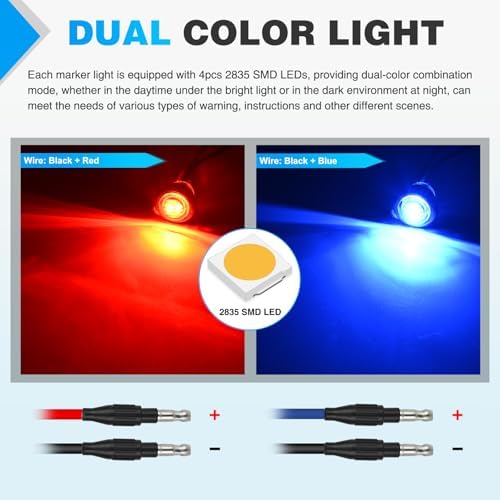 Nilight 3/4 Inch Dual Color Marker Light Red Brake Blue Clearance Lights