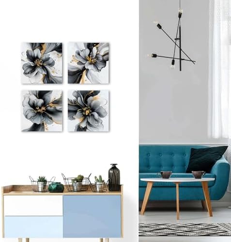Black and White Abstract Wall Art Framed Marble Flowers Pictures for Living Room Bathroom Wall Decor Gold Foil Fluid Lines Posters Prints Neutral Minimalist Ink Painting Home Decorations 16x16 4 Pcs - Image 4