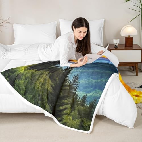 Nature Landscape Sherpa Blanket Mountain Jungle Sunrise Throw Blanket Bedroom Living Room Soft Cozy Jungle Trees Farmhouse Blankets Decor for Bed Couch Sofa Green Blue Gold Flannel Blankets 40"x50" - Image 4