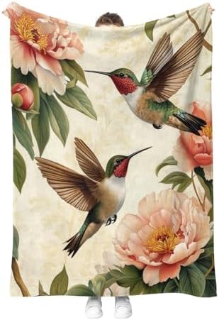 Hummingbird Floral Blanket Gifts for Women Girls,Pink Peony Flower and Birds Vintage Throw Blankets for Bed Living Room Sofa Couch Valentines Day Decor 50"x60" by Hohoto