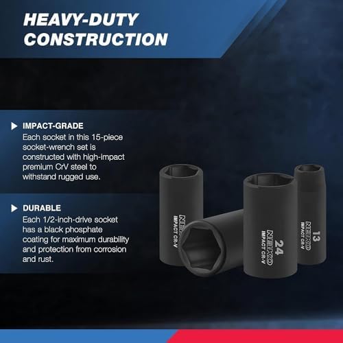 NEIKO 02474A 1/2" Impact Socket Set, 15 Piece Metric Socket Set 10-24 mm, Deep Sockets, 6 Point, 1/2” Drive Sockets for 1/2" Impact Wrench, Chrome Vanadium Cr-V - Image 2