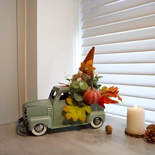 Vintage Turquoise Metal Truck with Gnomes Pumpkin Maple Leaf Farmhouse Table Top Fall Decor, Autumn Themed Thanksgiving Old Pickup Truck Decorations for Home Table Shelf, 12 inch - Image 4