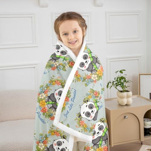 Cute Kawaii Panda Sherpa Blanket Cartoon Wild Animal Pandas Throw Blanket Bedroom Living Room Soft Cozy Green Leaves Print Blankets Decor for Bed Couch Sofa Green Black White Flannel Blankets 40"x50" - Image 3
