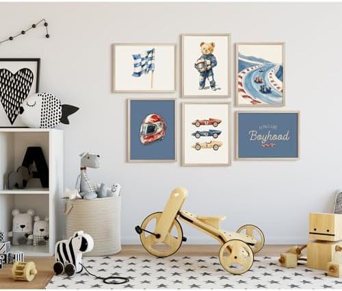 Nursery Race Car Wall Art Boys Room Canvas Wall Decor Vintage Nursery Prints Teddy Bear Poster Race Car Pictures Baby Boy Toddler Painting Artwork for Kids Bedroom Playroom 8x10 Inch Unframed 6Pcs - Image 6