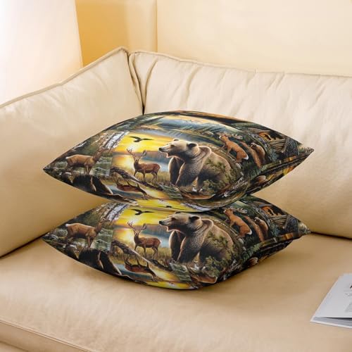 Manfei Lodge Pillow Covers Reversible Print Pack of 2,Rustic Cabin Bear Deer Elk Wild Animal Decorative Cushion Covers,Natural Hunting Adventure Retro Brown Couch Pillow Covers,24"x 24" - Image 3