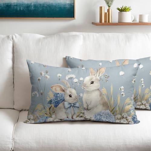 Easter Pillow Covers 12x20 Set of 2 Spring Throw Pillow Covers Rustic Cute Bunny Rabbit Pillowcase Linen Decoration Farmhouse Soft Decorative Blue Cushion Case Couch for Indoor Outdoor Home Decor - Image 2