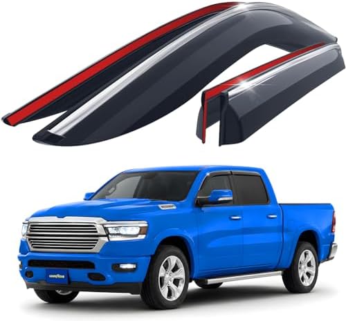 Goodyear Chrome Trim Window Deflectors for Dodge Ram 1500 2019-2026 Crew Cab, Shatterproof Tape-on Rain Guards, Window Visors, Vent Deflector Visor,Car Accessories, 4 pcs - GY008852
