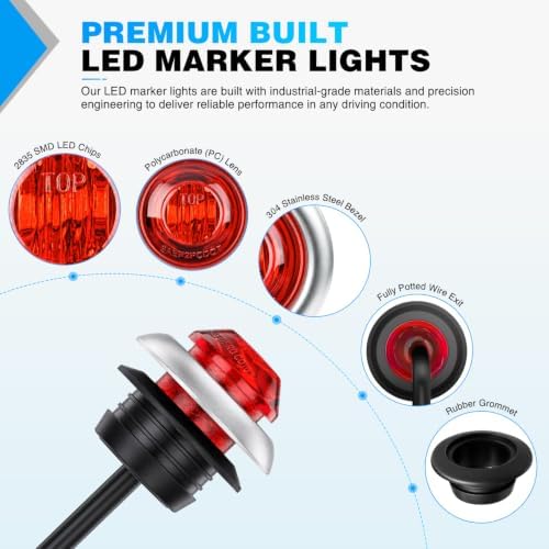 Nilight 3/4" Round Marker Lights 10PCS Red Side Bullet Clearance Light