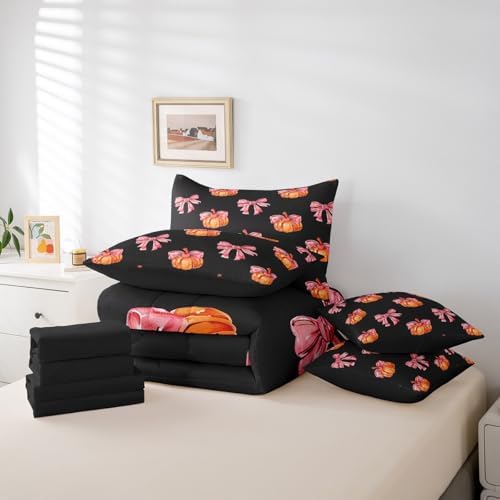 Erosebridal 7 Piece Girls Kawaii Fall Theme Bedding Set Full Bowknot Pumpkin Kids Bed in A Bag Watercolor Thanksgiving Comforter Set 7 Piece Cute Fall Pumpkin Sheet Set with Comforter - Image 6