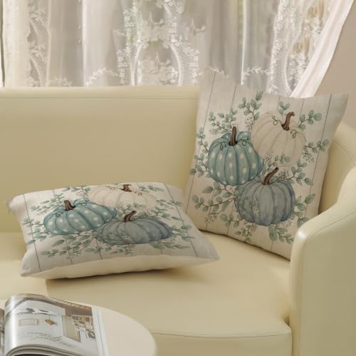 Fall Pillow Covers 18x18 Set of 2 Teal Blue Pumpkin Pillow Cases White Polka Outdoor Autumn Harvest Decoration Wood Plank Throw Pillows Linen Thanksgiving Cushion Case for Couch Sofa Home Decor - Image 5