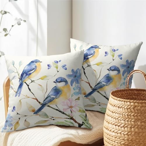 Spring Pillow Covers 24x24 Set of 2 Floral Throw Pillow Covers Rustic Blue Bird Pillowcase Linen Decoration Farmhouse Soft Decorative Summer Cushion Case Couch for Indoor Outdoor Home Decor - Image 7