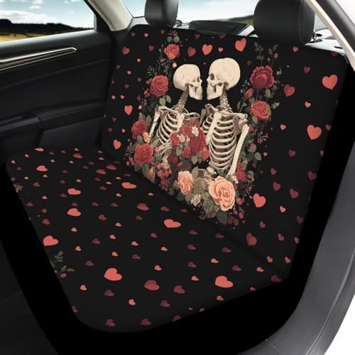 Skulls Heart Roses Print Car Seat Covers 4Pcs Front & Rear Breathable Seat Covers Universal Fits for Truck, Sedan, SUV Auto Interior Protector Car Accessories