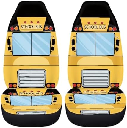 Car Seat Covers Set of 2 Universal Funny School Bus Front Seat Cover Fit for Cars Truck SUV Van, Stretch Polyester Fabric Cover Protection Interior Accessories, Easy to Install