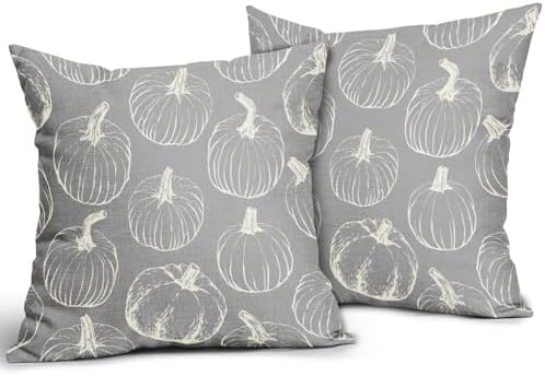 Grey Gray Fall Pumpkin Pillow Covers 22x22 Set of 2 Autumn Themed Thanksgiving Cream Print Decorative Throw Pillows Outdoor PillowCase Farmhouse Linen Cushion Case Decor for Home Sofa Couch Bed - Image 2
