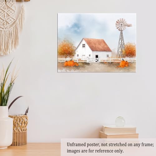 White Barn with Pumpkins Wall Art – Autumn Farmhouse Landscape Poster,Rustic Fall Windmill Canvas Print for Entryway or Thanksgiving Dining Room Decor 20x30in Unframed - Image 6