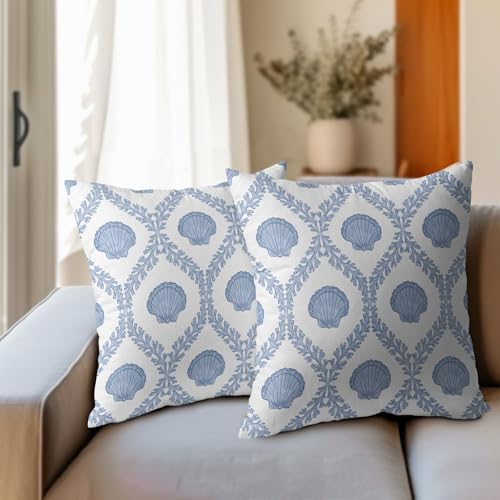 Light Blue Coastal Pillow Covers 20x20 Set of 2 Ocean Coral Shell Pattern Outdoor Decorative Linen Summer Throw Pillows Cases with Zipper Cushion Cover Rustic Decoration Farmhouse Sofa Couch Bed Decor - Image 3