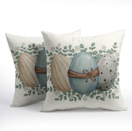 Easter Pillow Covers 18x18 Set of 2 Spring Throw Pillow Covers Rustic Cute Eggs Pillowcase Linen Decoration Farmhouse Soft Decorative Blue Cushion Case Couch for Indoor Outdoor Home Decor - Image 2