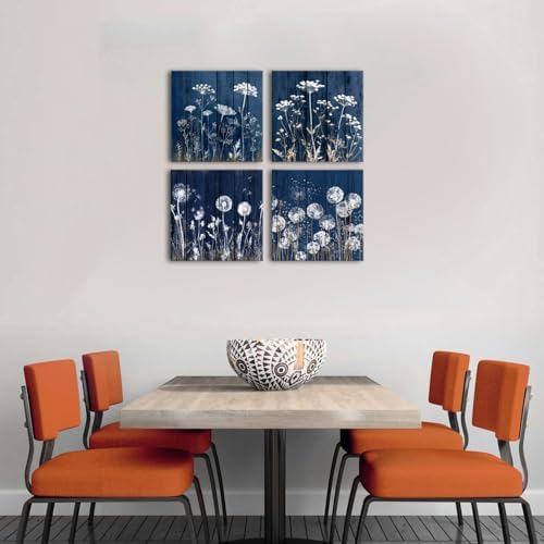 Farmhouse Dandelion Wall Art White Wildflower Canvas Picture for Bathroom Vintage Navy Blue Botanical Flower Painting Contemporary Still Life Plant Wall Decor Office Kitchen Home Decorations 20x20" 4P - Image 5