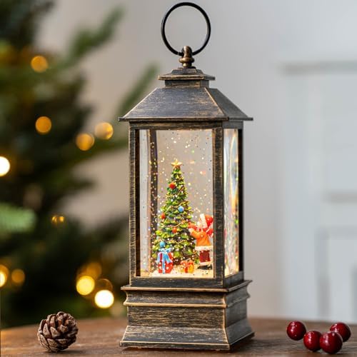 Christmas Snow Globe Lantern Water Glittering Christmas Tree Gifts with Music & Timer, USB Lined/Battery Operated Lighted Lantern for Christmas Festival Decorations - Image 2