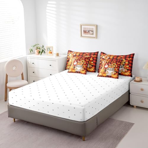 Erosebridal Pumpkin Car Bed in A Bag Full 7 Piece Cartoon Fall Gnome Bedding Set with Sheets Farmhouse Sunflower Maple Leaf Comforter Set for Kids Adults Orange Black Check Bed Set - Image 5