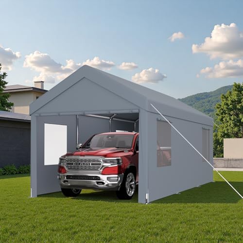 10x20FT Canopy, Outdoor Portable Garage with 2 Roll-Up Doors & 4 Ventilated Windows, Patio Camping Heavy Duty Car Port Canopy with PE Cover, Ground Pegs & Steel Cables, Easy Assembly, Grey - Image 3