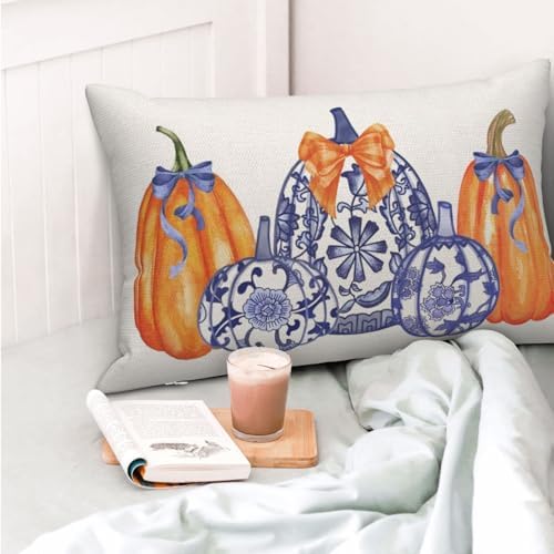 Fall Chinoiserie Pillow Covers 12x20 Set of 2 Blue and Orange Pumpkin Throw Pillows Grandmillennial Autumn Thanksgiving Decoration Pillowcase Outdoor Lumbar Cushion Case for Couch Home Decor - Image 3