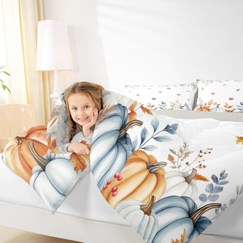 Erosebridal Fall Pumpkin Bedding Queen,Autumn Maple Leaves Comforter Set Watercolor Pumpkins Eucalyptus Bed Sets Harvest Thanksgiving Farmhouse Duvet Insert 3 Pieces - Image 7
