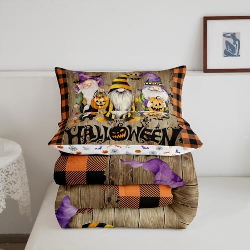 Kids Halloween Gnome Comforter Set Queen Size,Vintage Yellow Black Grid Quilted Duvet Gothic Bat Pumpkin Lantern Bedding Set for Girls Boys Room Decor Rustic Farmhouse Brown Wood Duvet Insert 3Pcs - Image 4