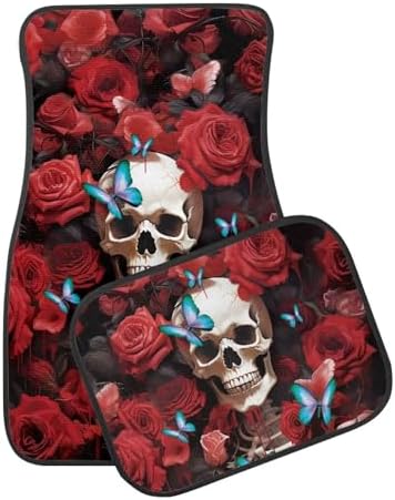 Red Rose Blue Butterfly Skeleton Print Funny Halloween Car Floor Mats 4 PCS, Cute Durable Interior Accessories for Car SUV, All Weather Floor Mats with Front Rear Trunk Liners Set for Party