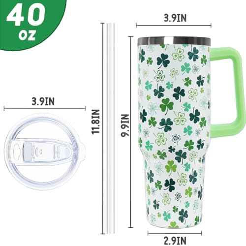 St Patricks Day Tumbler with Handle 40 oz Green Lucky Shamrock Coffee Travel Mug Stainless Steel Insulated Cup Irish Saint Patricks Decor Gifts - Image 3