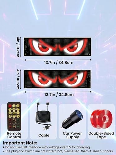 2 Pack Devil Eyes Light for Cars, LED Car Sign Windshield Display, Truck Decoration Programmable Matrix Remote/App Control, Custom Text/GIFS for Sedans, SUVs, Trucks, 14"x4"
